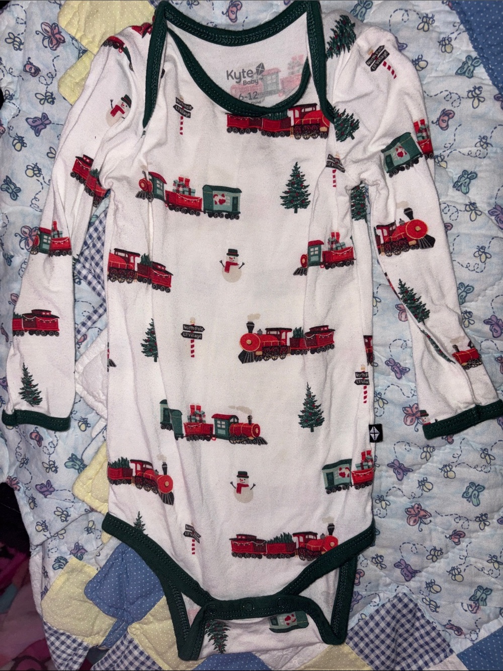 Kyte BABY White Onesie with Christmas Red Train & Green Trim bamboo